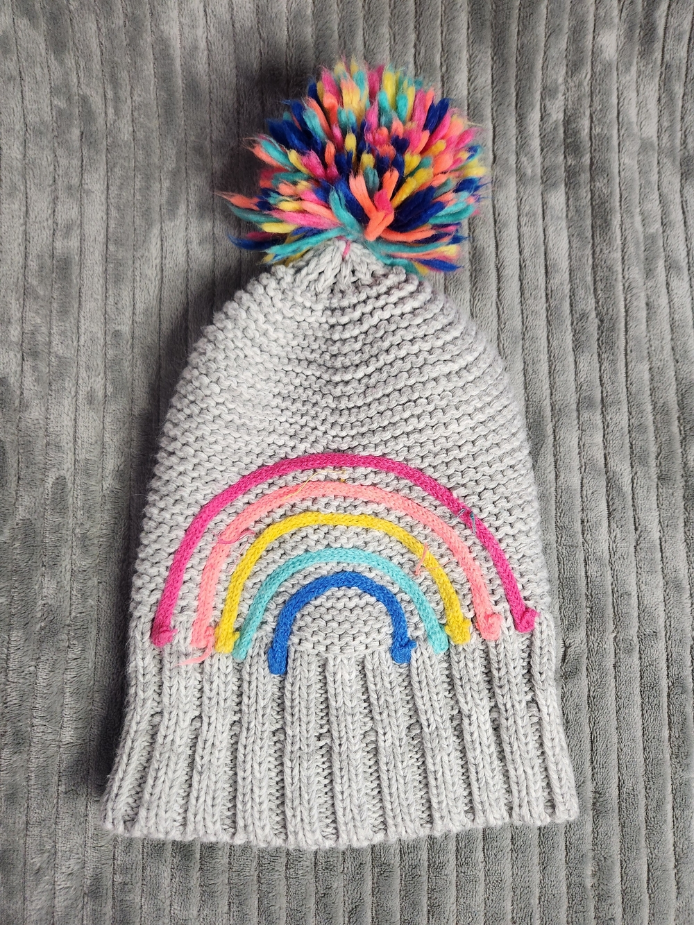 Target Kids Grey Knit Beanie with Rainbow Embroidery and Pom Pom youth os